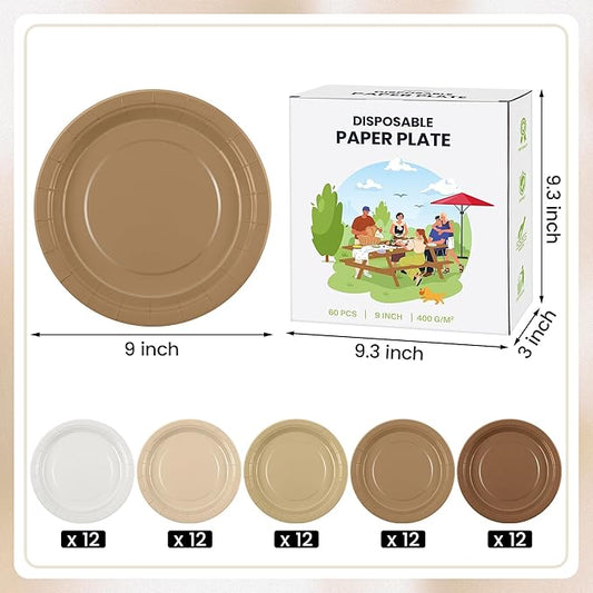 Kochorie 60 Pieces Gradient Brown Disposable Paper Plates 9 Inch Heavy Duty Dinner Plates, Solid Color, Table Decorations Party Supplies for Birthdays, Weddings, Daily Use