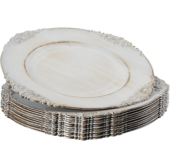 MAONAME Antique White Charger Plates, Round Plate Chargers for Dinner Plate, 13" Plastic Charger for Plates, Wedding Table Setting, Set of 12