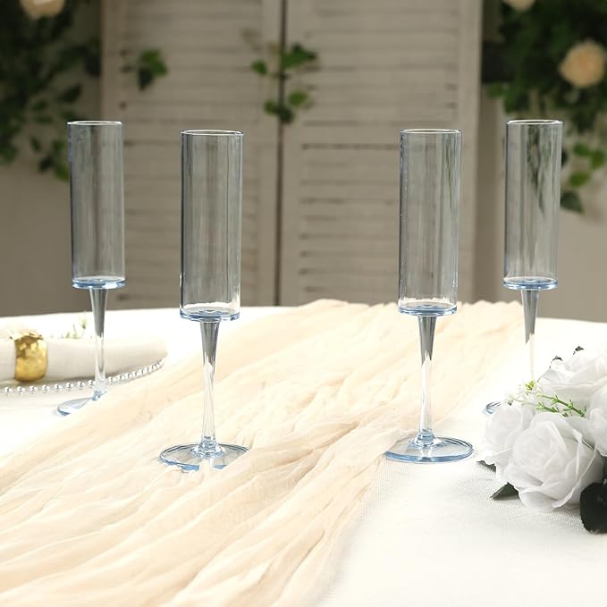 Efavormart 6 Pack Transparent Dusty Blue Reusable Plastic Champagne Flute Glasses in Cylindrical Shape, 6oz Wine Mimosa Glass Goblets with Long Stems - 9.5" Tall