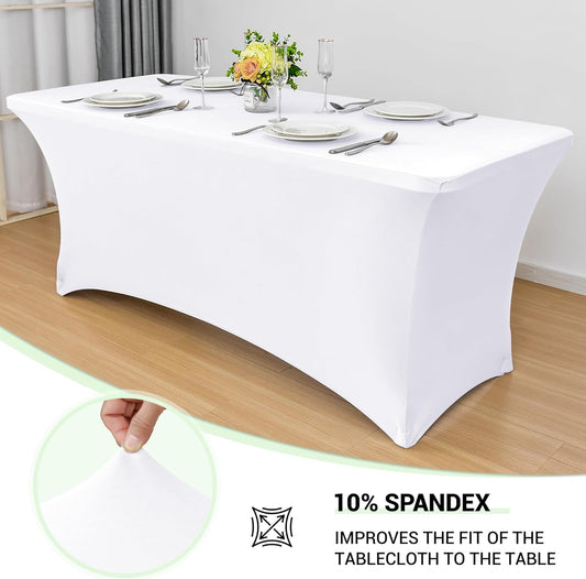 Obstal 6ft Stretch Spandex Table Cover - 2 Pack Universal Rectangular Fitted Tablecloth Protector for Wedding, Banquet and Party, White