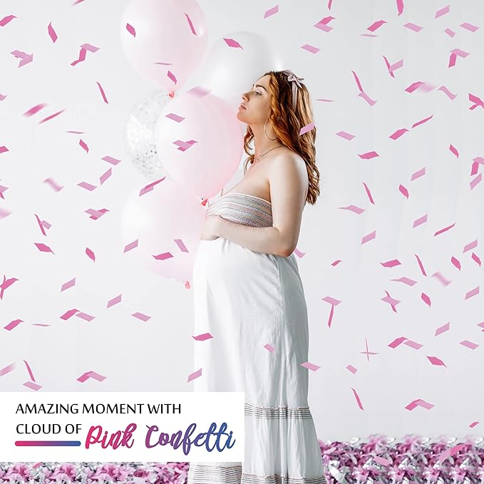 Gender Reveal Pink Confetti Cannon, DOUKEE Baby Shower Pink only Biodegradable Confetti Poppers for Girl Baby Reveal Party - 2 Set