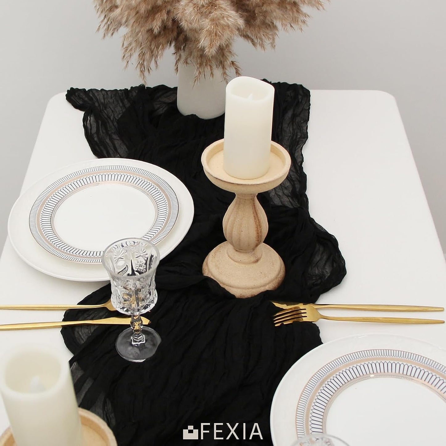 FEXIA 10 Pack Black Table Runner 35x120 Inches Gauze Rustic Gothic Farmhouse Decor for Halloween Thanksgiving Funeral First Communion Centerpiece Table Decorations (Black)