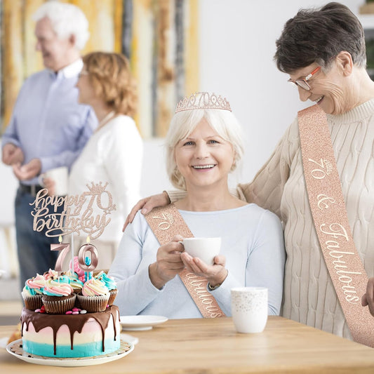 70th Birthday Decorations for Women, Including Sash, Crown/Tiara, Candles, Cake Topper, 70th Birthday Gifts for Women