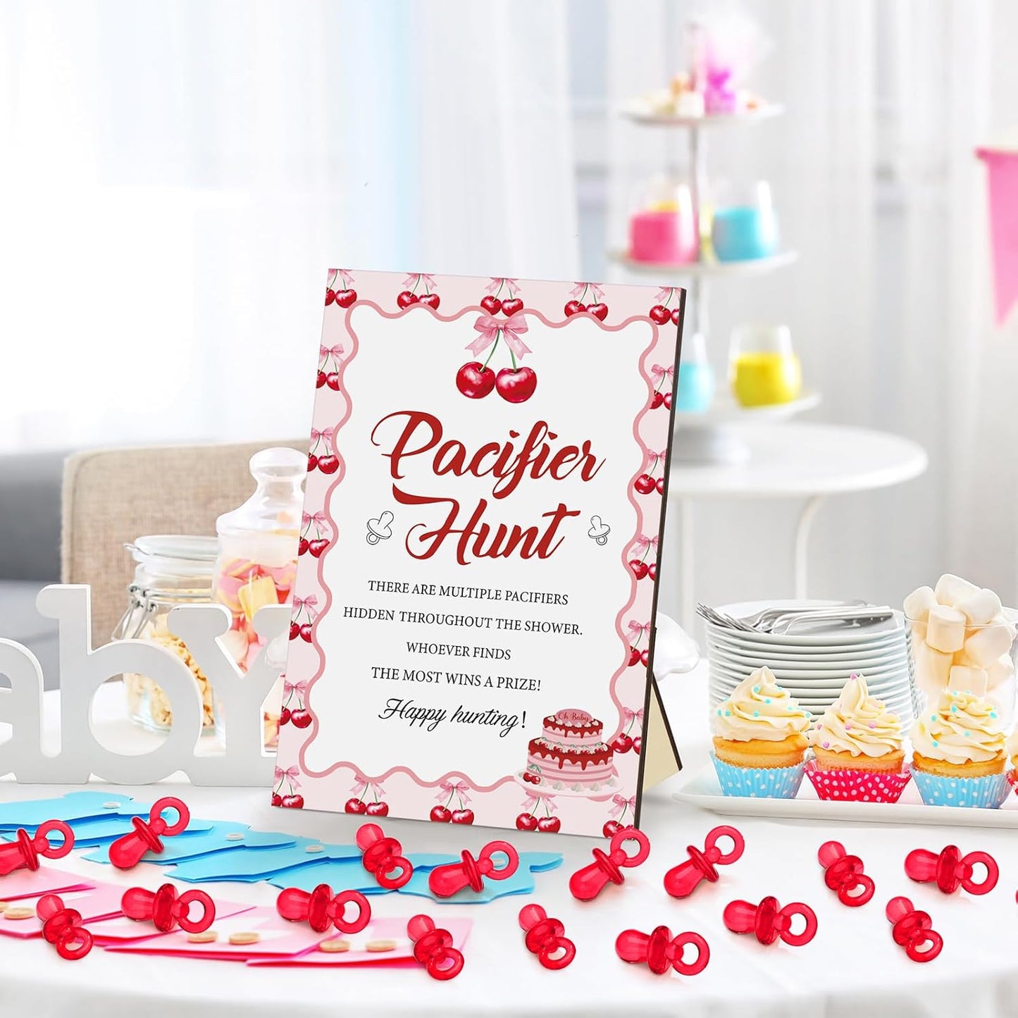 Thyle 51 Pcs She's Our Cherry on Top Baby Shower Games Red Cherry Pacifier Hunt Include Hunt Sign and 50 Acrylic Pacifiers for Christmas Baby Shower Game Decoration Gift Sets Gender Reveal Party Decor