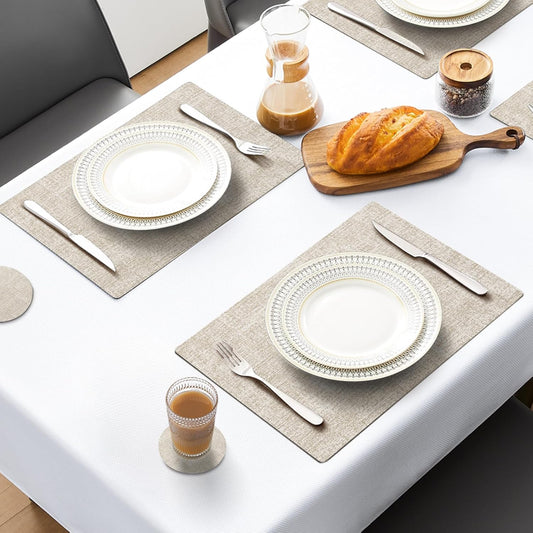 MOSAYT Placemats Set of 8, Heat Resistant Vinyl Place Mats with Coasters, Wipeable Washable 100% Waterproof Oil Proof Faux Leather Table Mats for Kitchen Dining Party Indoor Outdoor, 12" x 18", Beige