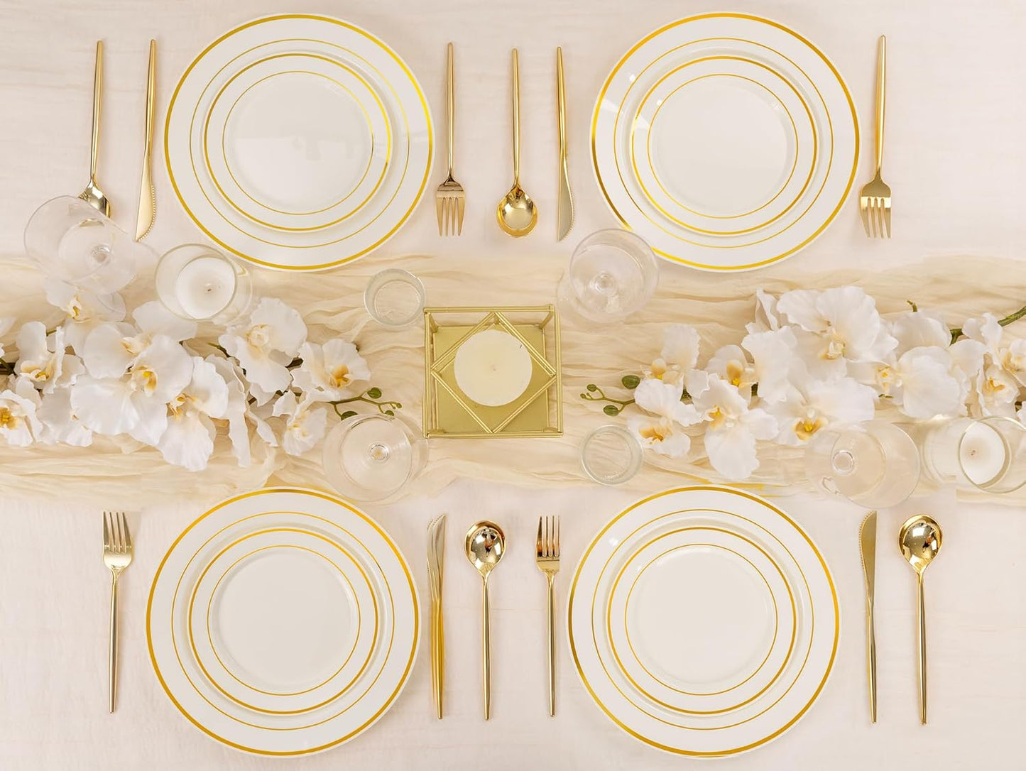 U-QE 100pcs Thanksgiving Plastic Plates for Party - Ivory Gold Plastic Plates Disposable Heavy Duty - Include 50 10" Dinner and 50 7" Dessert Plate, Perfect for Party, Wedding, Fall & Friendsgiving