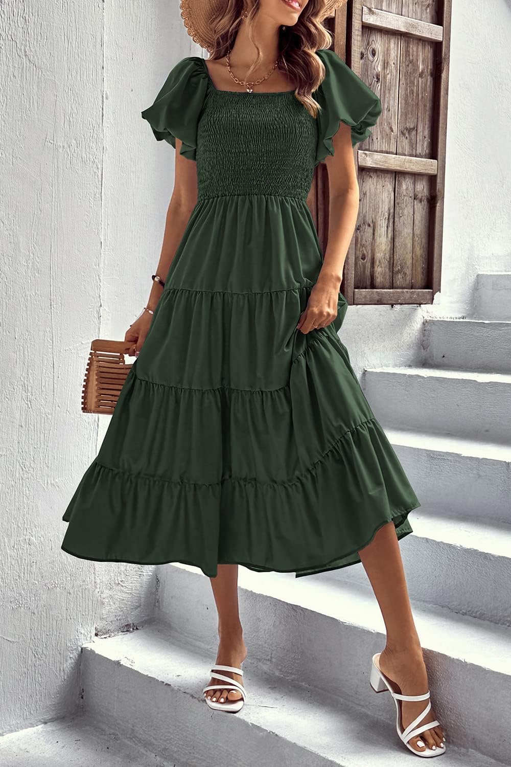 PRETTYGARDEN Women's Casual Summer Midi Dress Puffy Short Sleeve Square Neck Smocked Tiered Ruffle Dresses