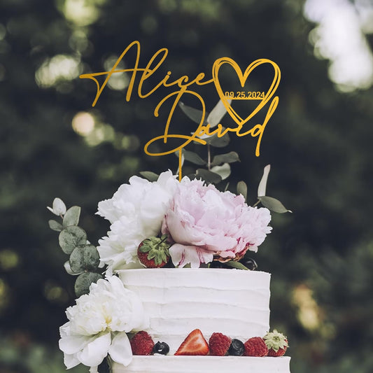 Noni Luxury Personalized Wedding Cake Topper with date and hear, Custom Cake topper, Gold Cake Topper wedding, Rustic Wedding Cake Topper, Mr and Mrs Topper for Wedding Cake, Personalized Cake Topper