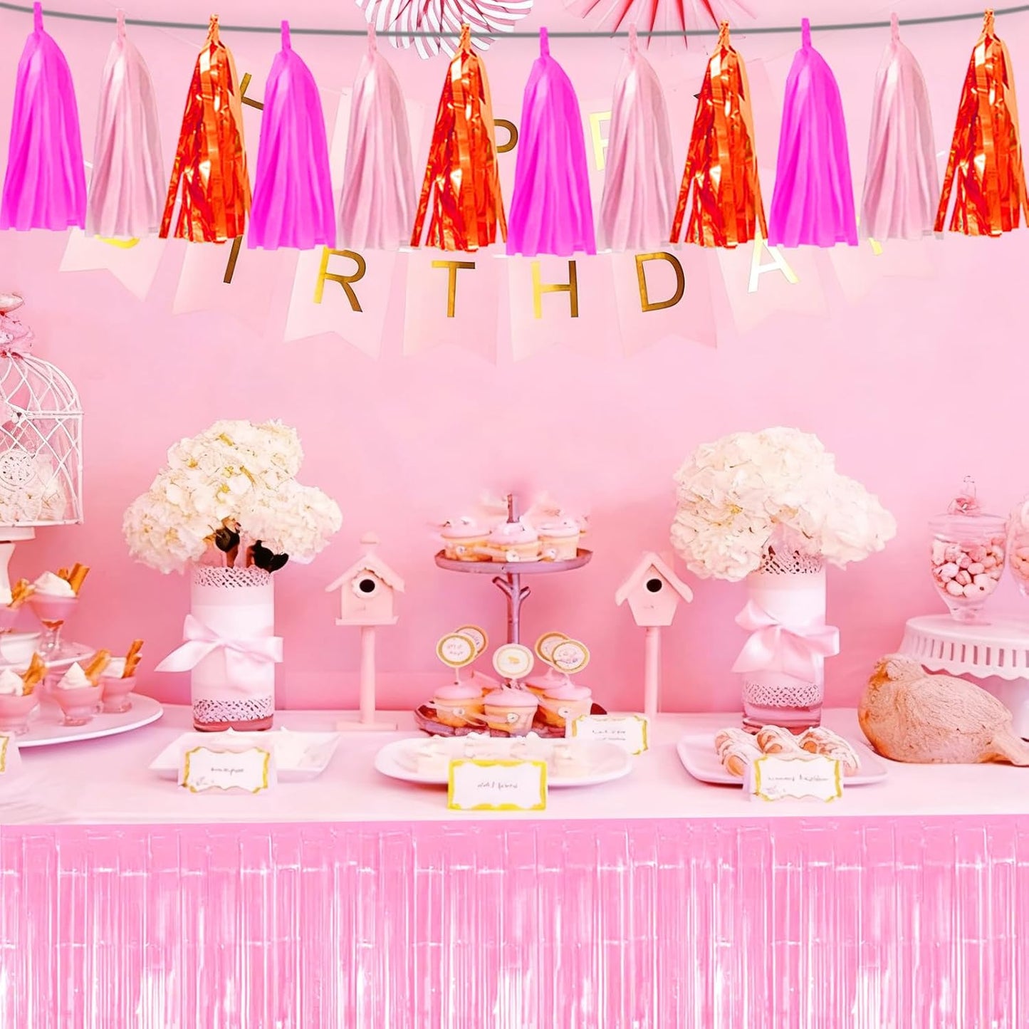4P Hot Pink Orange LightPink Tassel Banner Garland Foil Fringe Tinsel Streamer Banner Backdrop for Parade Floats, Wall Hanging Curtain Parade Floats, Graduation Decorations, Wedding Party Decoration
