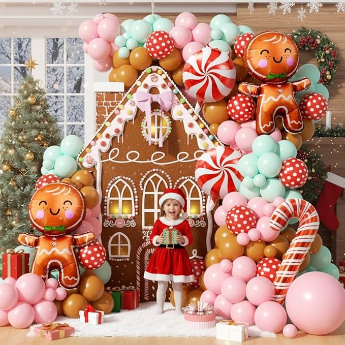 160Pcs Christmas Balloon Arch Garland Kit Xmas Pastel Pink Green Brown Latex Balloons Gingerbread Man Candy Cane Foil Balloons Arch Kit for Christmas New Year Party Birthday Party Decorations