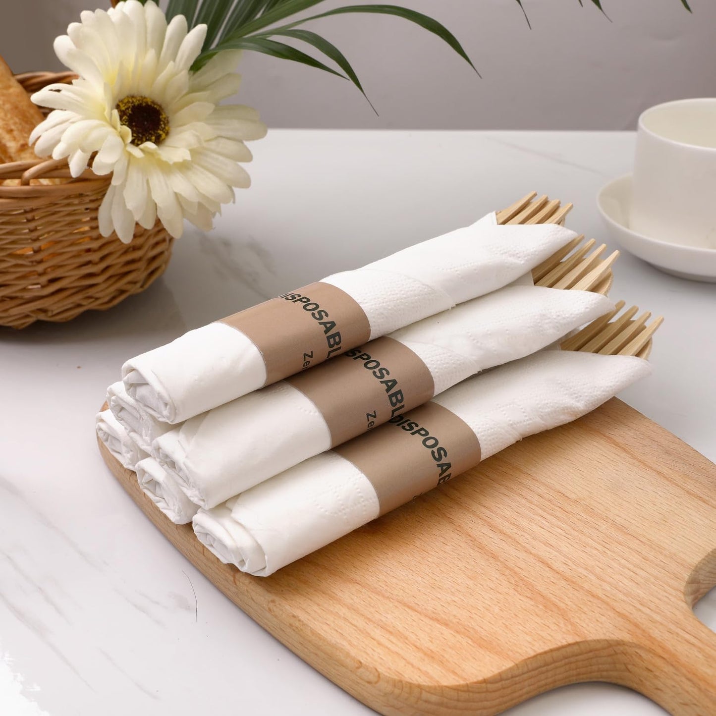 Prerolled Bamboo Cutlery-25 Pack (6.7" 25 Forks 25 Spoons 25 Knives 25 Napkins) Individually Wrapped Forks Spoons and Knives Set Disposable Compostable for Wedding/Camping