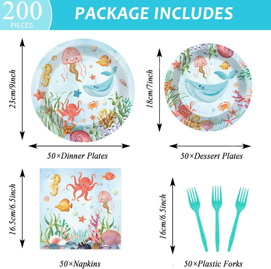 gisgfim 50 Guests Under the Sea Party Decorations Plates and Napkins Ocean Animals Birthday Paper Plates Napkins Tableware Set Underwater Sea Life Party Supplies for Birthday Baby Shower 200Pcs