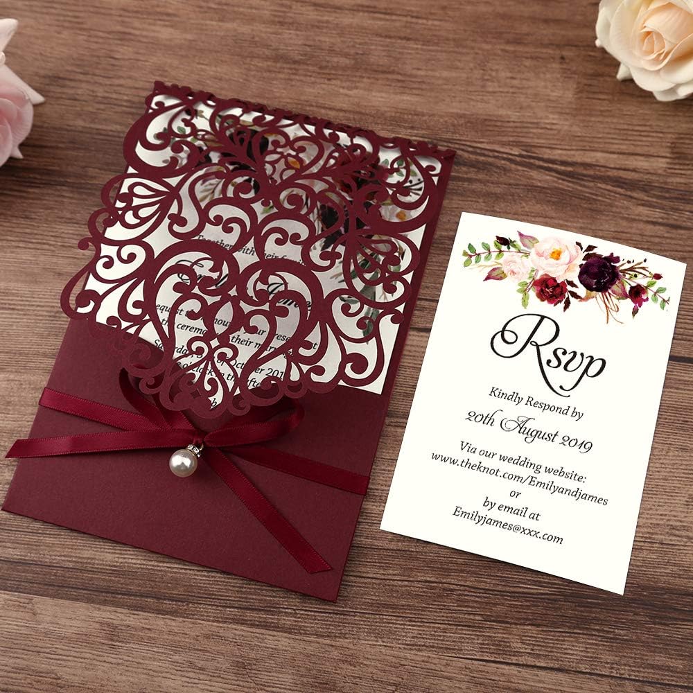 5X7.2 Inch 50PCS Personalized Laser Cut Burgundy Wedding Invitations with RSVP Cards and Envelopes, Wedding Invitation Cards with Ribbon Belly Band Pearl Embellishments