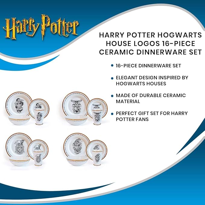 Harry Potter Hogwarts House Logos 16-Piece Dinnerware Set | Ceramic Dish Set