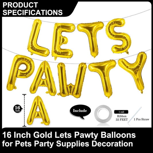 9 Pcs Lets Pawty Balloons Banner 16 Inch, Dog Cat Pet Birthday Letters Sign Lets Pawty Balloons Happy Birthday Banner for Pet Dog Cat Party Supplies Decorations (Gold)