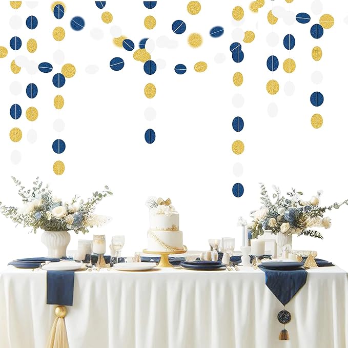 Navy-Blue White Gold Birthday-Party-Decorations - 52Ft Paper Garland Circle Dots Streamer Graduation Banner Christmas Decoration Baby Shower Bridal Engagement Bachelorette Hanging Decor HongTongTong