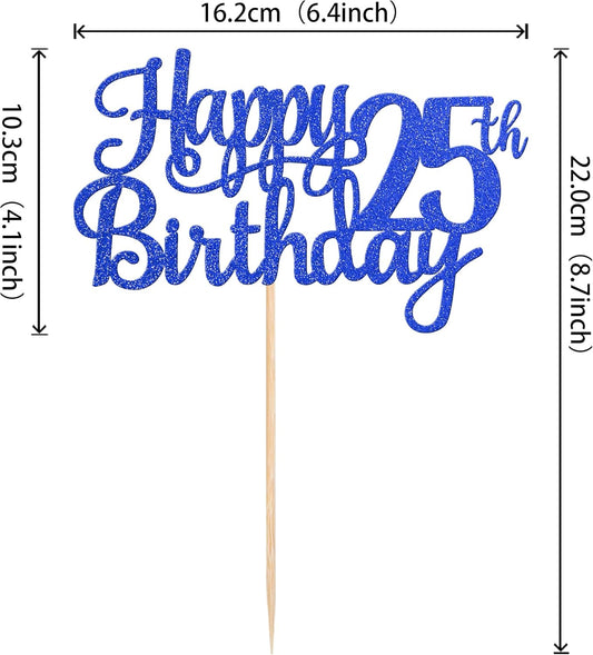1 PCS Happy 25th Birthday Cake Topper Glitter Cheers to 25 Years Birthday Cake Pick Twenty Five 25 Fabulous Cake Decoration for Happy 25th Birthday Theme Party Decorations Supplies Blue