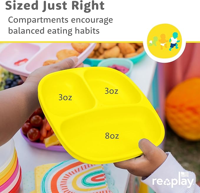 Re-Play Toddler Plates with Dividers - Deep-Walled 3 Compartments Divided Plates for Kids - Dishwasher & Microwave Safe - Made in USA - Set of 3-7.37" x 7.37" x 1.25" - Easter