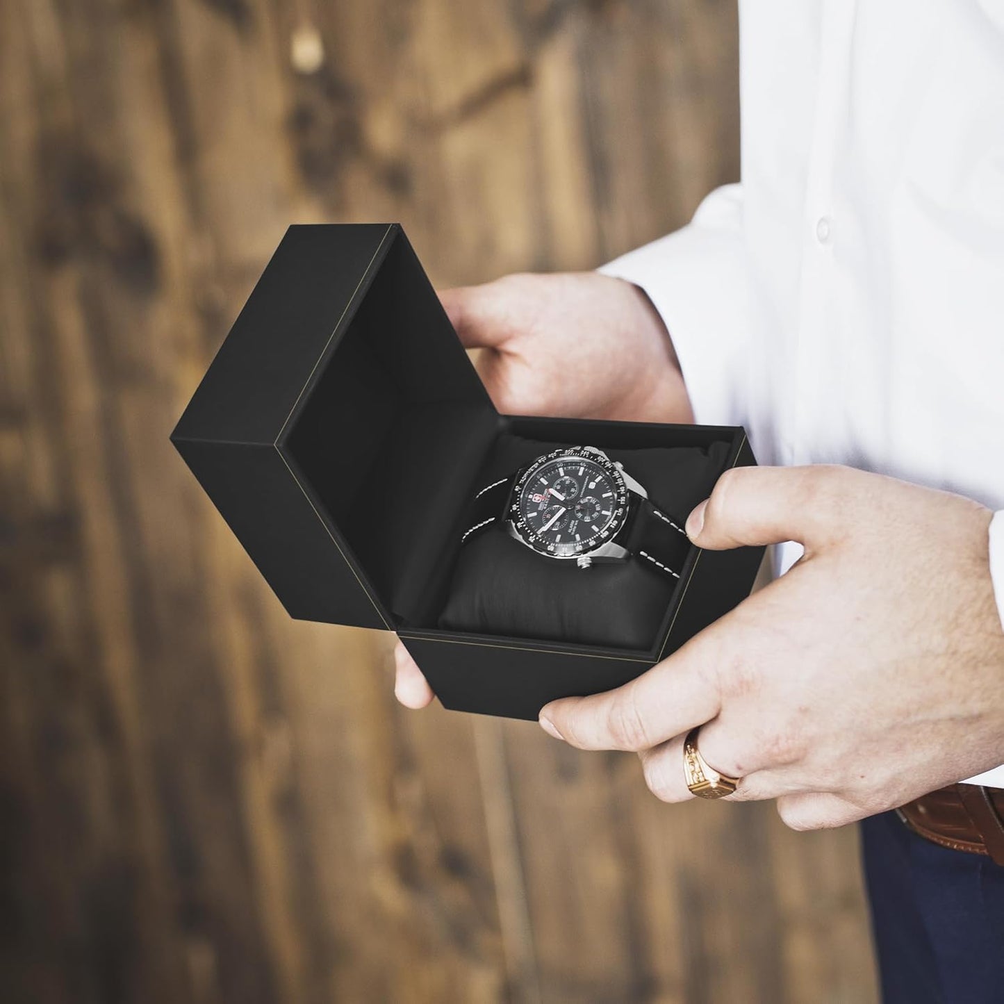 Novel Box Black Jewelry Bangle/Watch Box with Pillow-Style 4.5x4.5x2.87 Inches - Watch/Bangles Boxes with Gold Trim - Faux Leatherette Cases for Bangle/Watch Storage