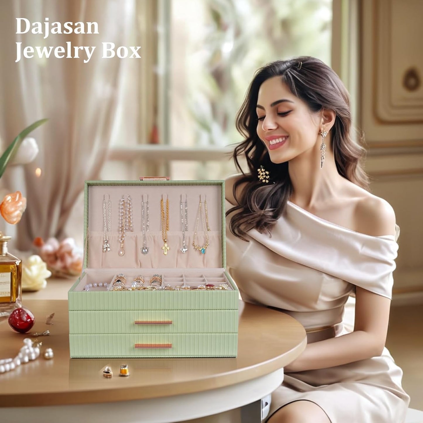 Dajasan Jewelry Organizer Box, Jewellery Boxes for Women, 3-Tier Jewelry Storage Organizer for Earring, Ring, Necklace, Bracelets (Avocado Green)