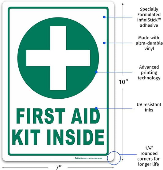 Brimar - 7" x 10" - First Aid Kit Inside Sign - 3.5 Mil InfiniStick™ Vinyl Label - Easy Installation - High Visibility