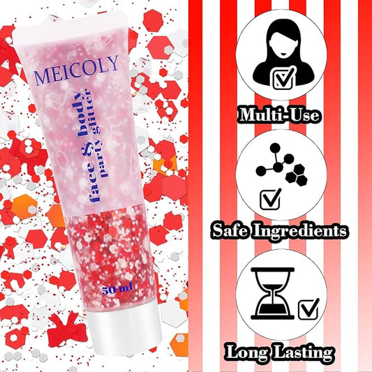 MEICOLY Red and White Face Body Glitter for Reading Week World Book Day,Holographic Self-Adhesive Glitter for Kids Girls Adults,Book Character Costumes Cosplay Accessories for Halloween Festival