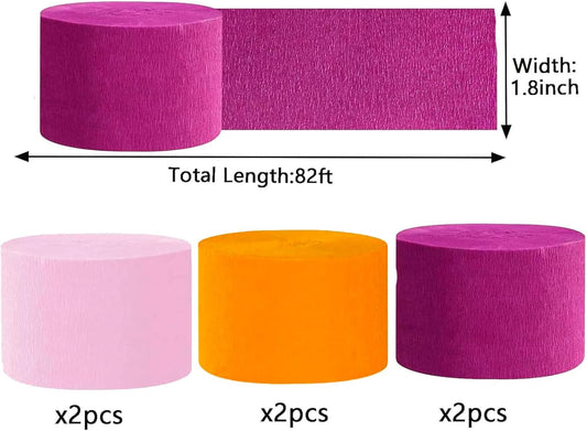 Rose Red,Light Pink and Orange Crepe Paper Streamers Party Streamer 1.8 Inch Widening 6 Rolls,Pink Orange Party Decorations Streamer 82 feet per roll for Birthday Party Decor