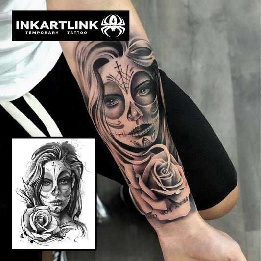 INKARTLINK 2 Sheets Extra large Semi Permanent Tattoos, Temporary Tattoos, Adult Art Designs, Waterproof, Realistic, No Adhesive, Non-Reflective, Lasts 1-2 Weeks ((Mexican Day of the Dead 4)
