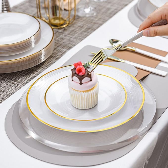 N9R 60PCS White Plastic Plates with Gold Rim, Elegant Disposable Plates, Circular Ribbed Design, 30 Dinner & 30 Dessert Plate for Parties, Weddings, Banquets, and Events (Translucent White)