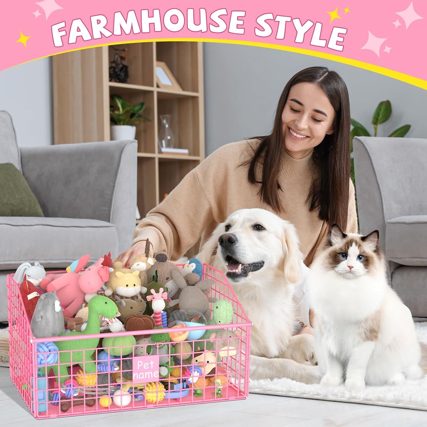 Indestructible Dog Toy basket, Large Toy Box for Dogs,Pet Toy Bin Dog Metal Basket for Toys, Toy Storage Organizer (Pink)