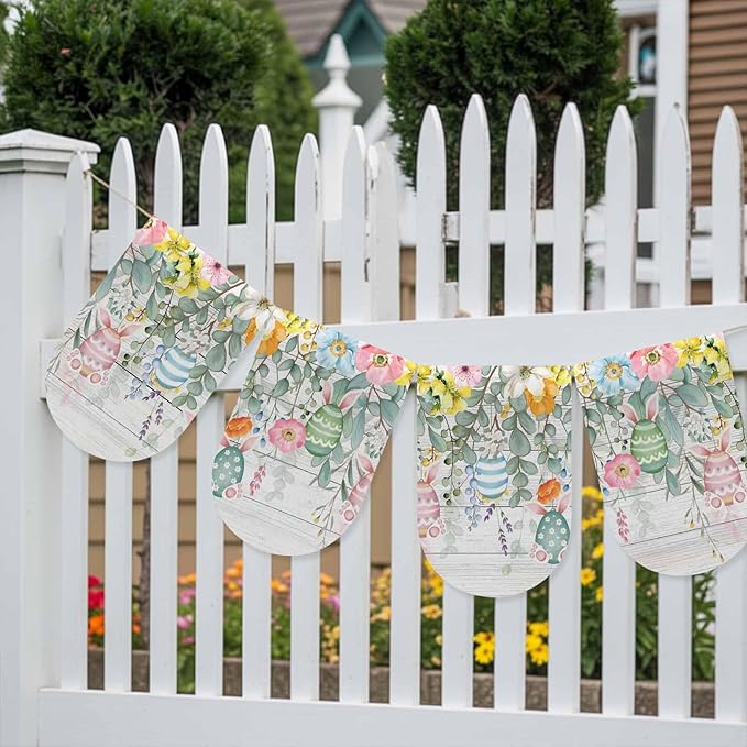 Easter Banner 4Pcs Indoor Outdoor Hanging Banner Flag Spring Eggs Eucalyptus Leaves Wooden Grain Sign for Fireplace Mantel Decorative Bunting Garland Valance for Shop Door Mantle Home Decor 7.9"x11.8"