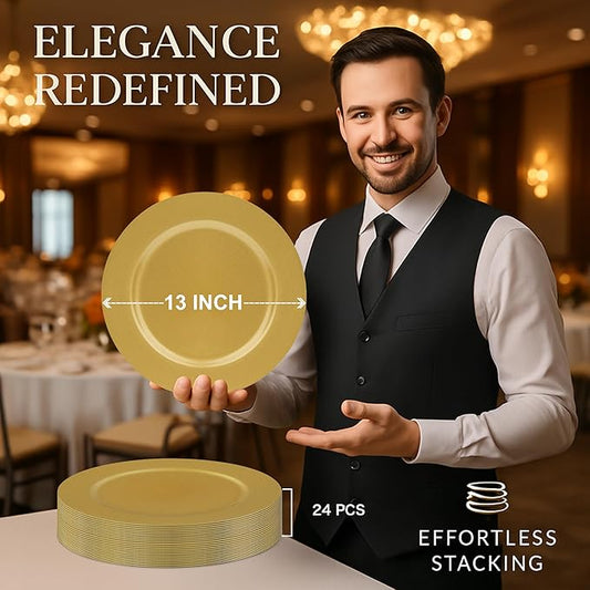 JEVERGN 24 Pack Gold Charger Plates, 13" Chargers for Dinner Plates, Gold Plate Chargers Set of 24, Round Plastic Charger for Wedding, Party Event, Dinner, Table Setting