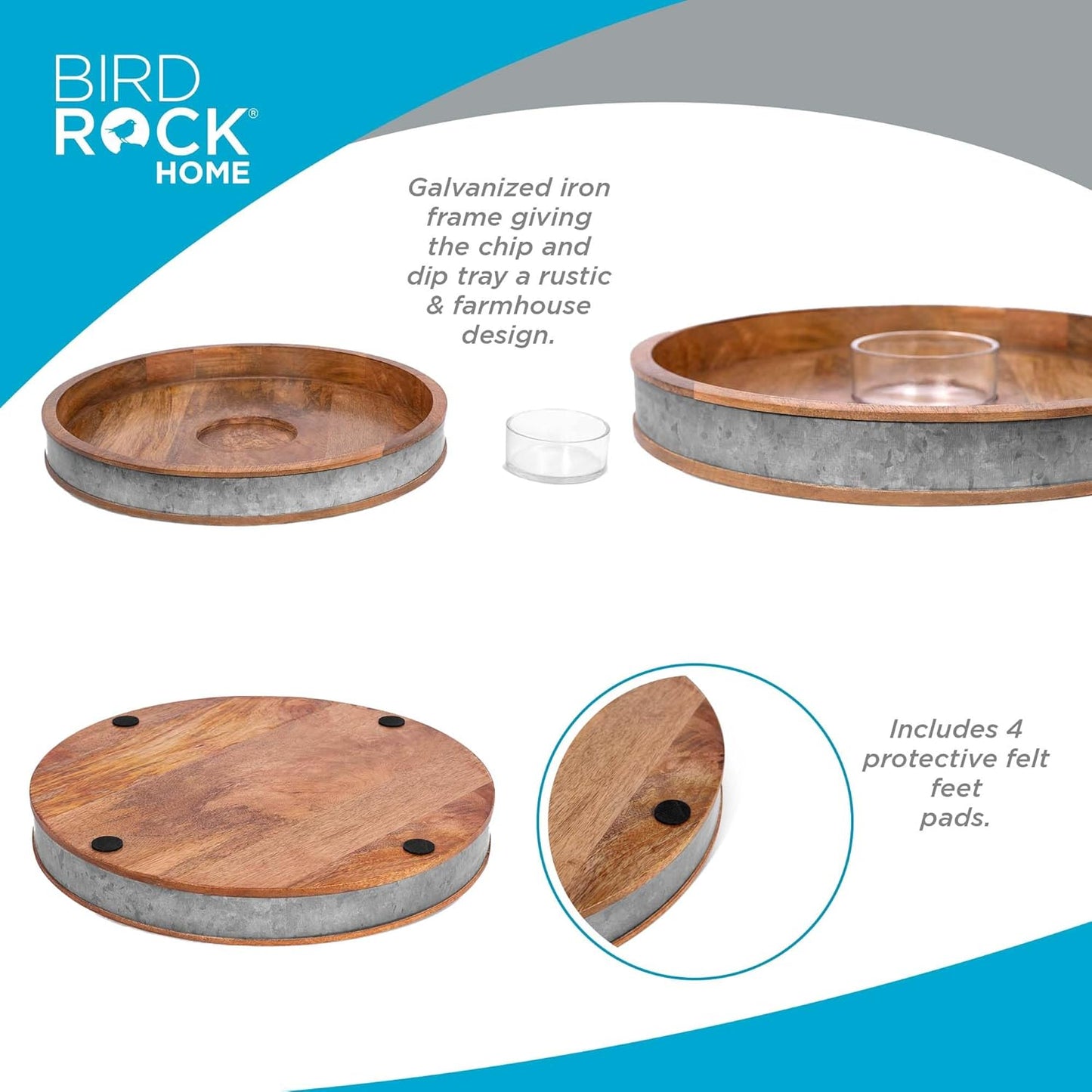 BIRDROCK HOME Wooden & Iron Chip Dip Serving Tray w/Glass Dip Bowl | Extra Large Decorative Kitchen Platter | Salsa, Guacamole, Veggies, Cheese | Decor for Coffee Table, Dining & Living Room - Round