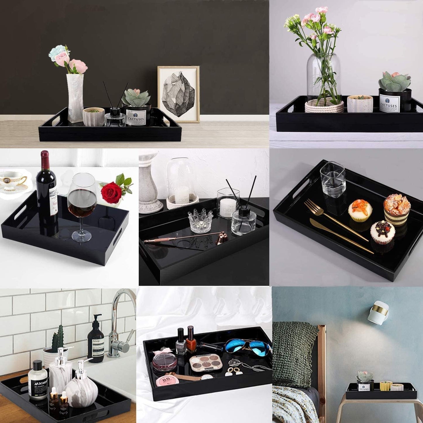 Durable Rectangular Breakfast Serving Tray - 5MM Thick Waterproof Acrylic Serving Platter with Handles for Coffee, Tea, Food - Elegant Decorative Tray (Black Tray-16''x12'')