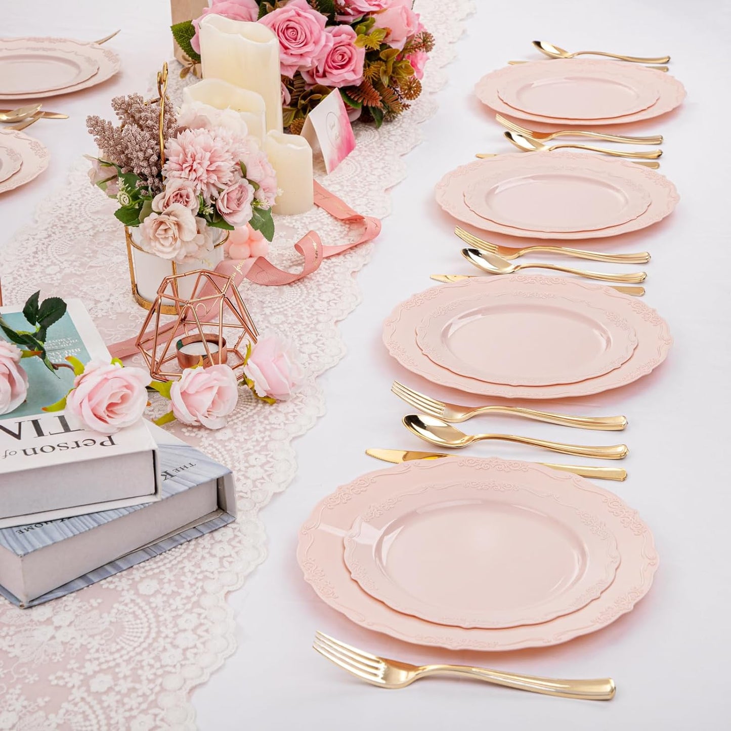 U-QE 100PCS Mauve Pink Plastic Plates - Plastic Party Plates Disposable Heavy Duty - Pink Disposable Plates for Party Including 50PCS 10'' Dinner & 50PCS 7.5'' Dessert