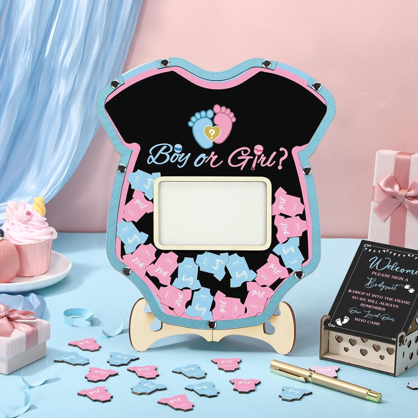 Wenqik 63 Pcs Gender Reveal Baby Shower Guest Book Alternatives Set Baby Shower Decorations with Photo Frame Sonogram Frame Keepsake 60 Wood Slices Guest Book for Birthday