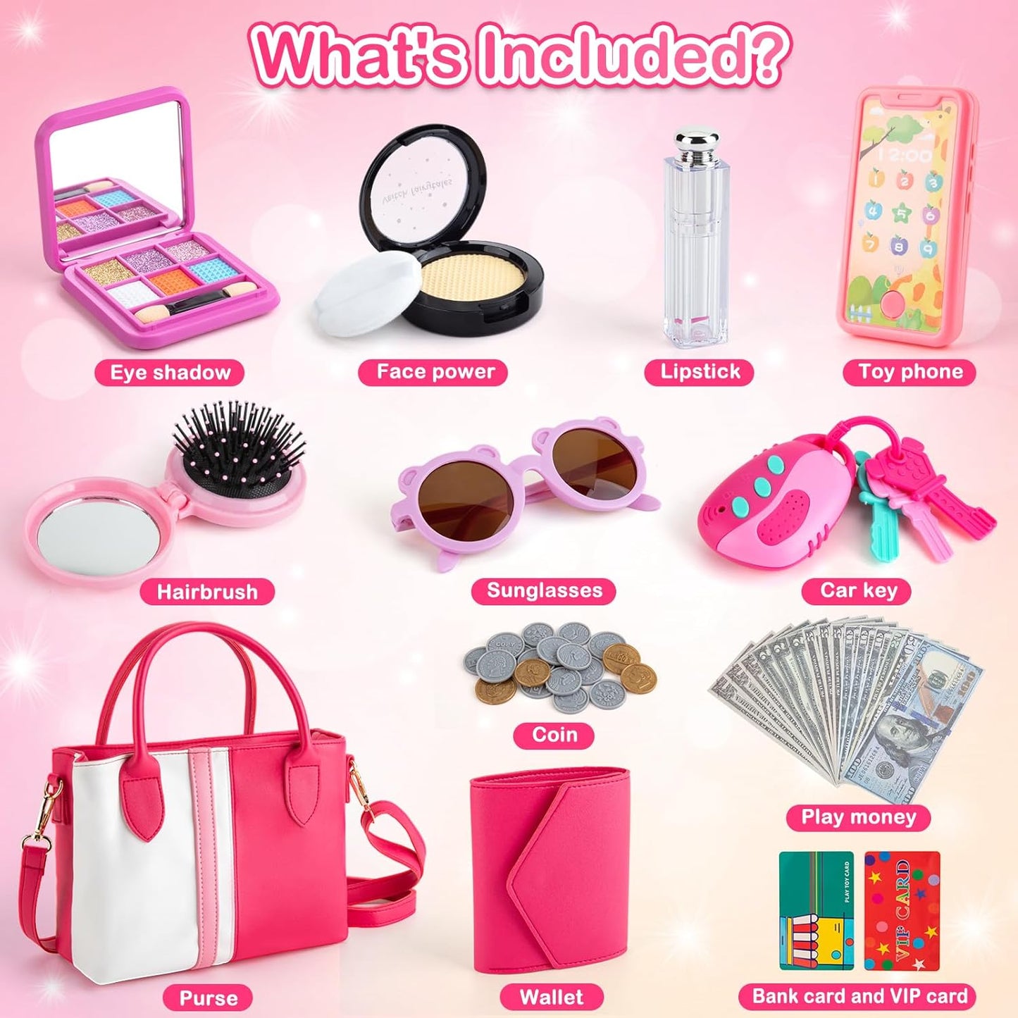 Juboury Play Purse for Little Girls, Pretend Play Accessories with Wallet, Toy Phone, Credit Card, Keys, Princess Pretend Makeup Girl Toys for 3 4 5 6 7 8 Years Old