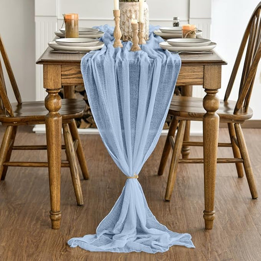 Artoid Mode Boho Cheesecloth Gauze Ice Blue Wedding Table Runner, 120 Inch Seasonal Fabric Kitchen Dining Holiday Table Decor for Home Party Indoor