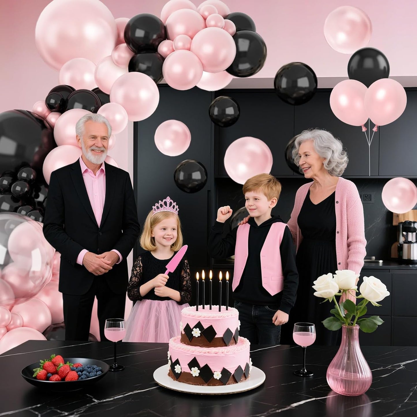 Pearl Pink and Black Balloon Arch Kit, Double Stuffed Pink Black Balloons Garland 18/12/10/5 Inch Pearl Balloons for Baby Shower Birthday Wedding Bridal Shower Party Decor