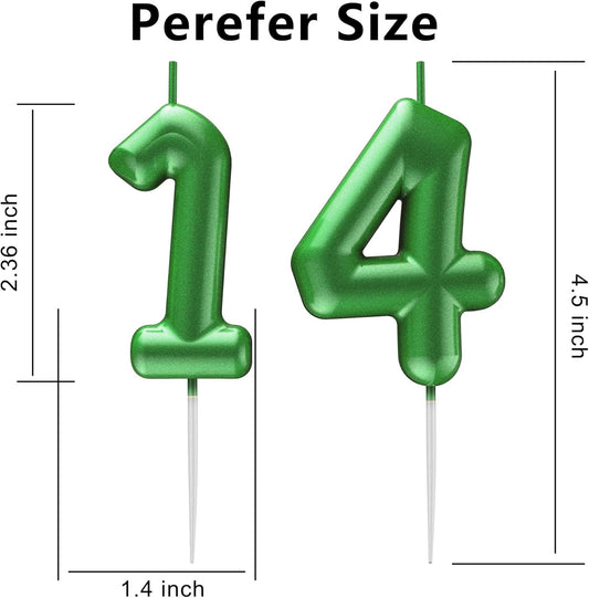 Green Number 14 Candle Happy Birthday 3D Number Candles for Birthday Cake Party Decoration Wedding Anniversary Celebration Supplies