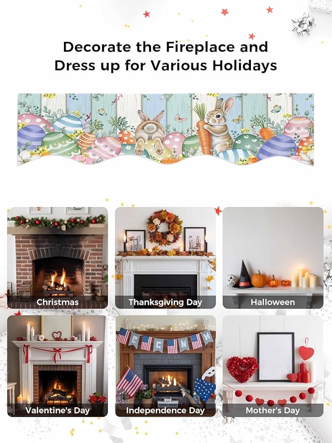 Easter Fireplace Mantel Scarf Table Runner, Spring Rabbit Eucalyptus Leaves Eggs Wooden Winter Garland Mantel Top Tablerunners Dresser Scarves Cover Decorations for Windows Party Living Room 70''x17''