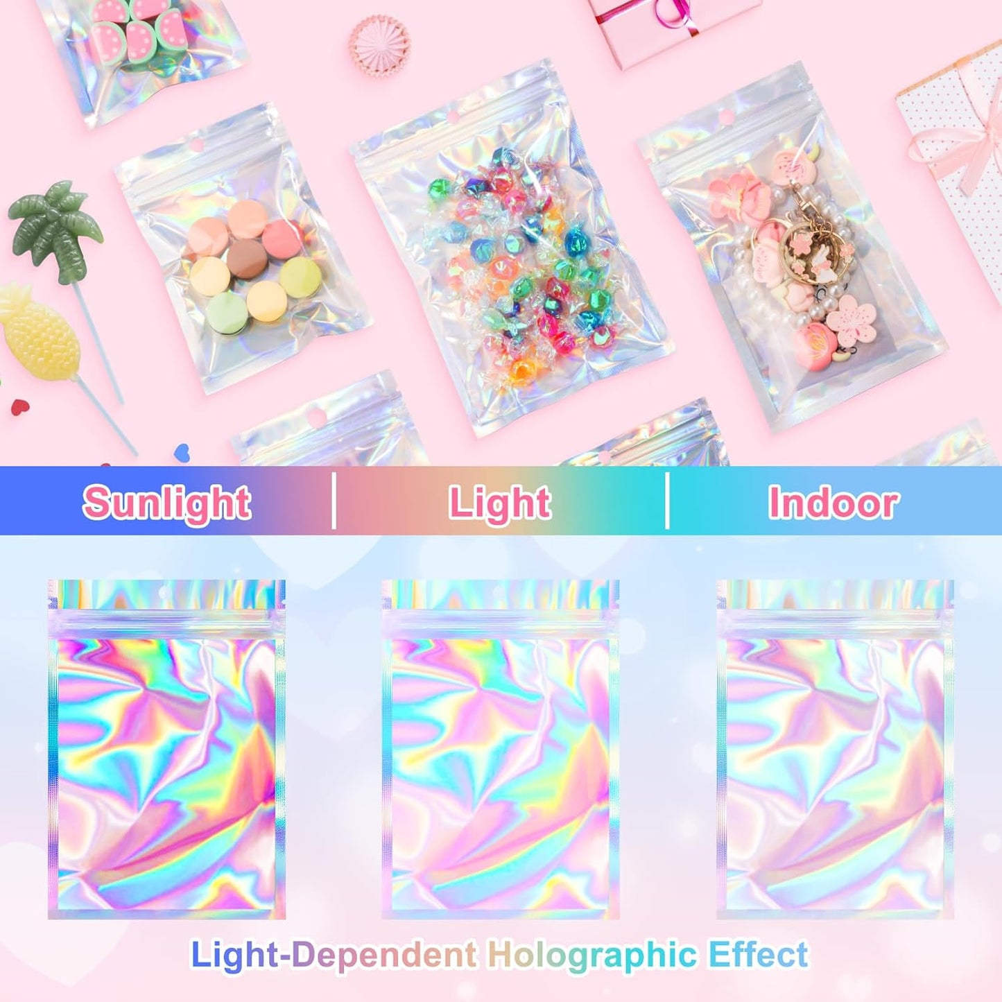 ANZNKU 100 Pack Mylar Bags Reasealable Holographic Bags, Smell Proof Bag Zipper Pouches with Clear Window, Jewelry Candy Sealable Bag for Packaging Sample Party Favor (2.4 x 3.9 Inch)