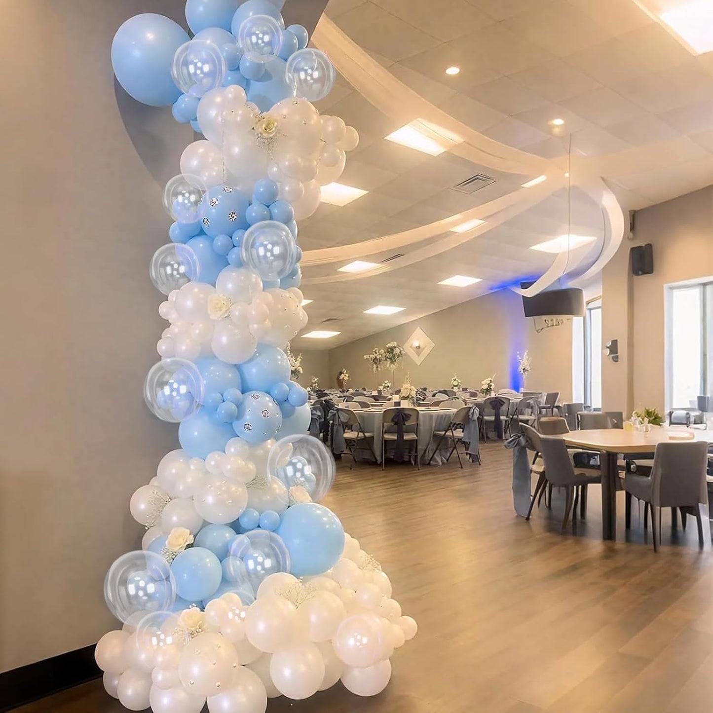 Pastel Blue White Balloons Garland Arch Kit, 104PCS Double Stuffed Pearl White Balloons, Light Baby Blue Clear Balloon for Bridal Shower Baby Birthday Bachelorette Wedding Engagement Party Decorations