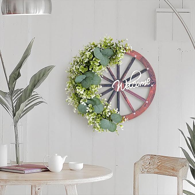 Eucalyptus Leaves Wreath,Wooden Wheel Wreath Artificial Wreath Wheel Garland Door Hanging Spring Summer Green Leaves Wreath with Welcome Sign for Farmhouse Home Indoor Outdoor Decor