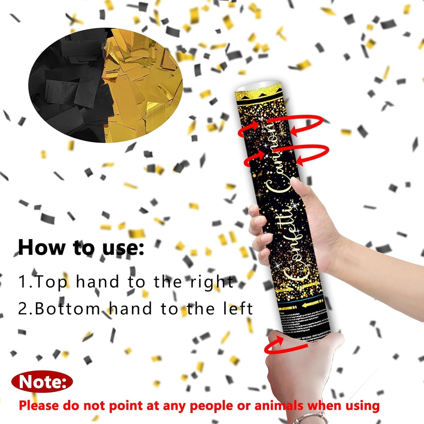 12" Black Gold Confetti Poppers Confetti Cannon Party Poppers for Birthday Graduation Wedding New Year Celebrations - Easy to Use, Black Paper and Gold Foil Confetti - Pack of 4