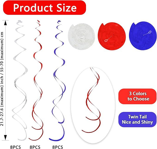 BEISHIDA Red Blue Silver Hanging Swirls Party Decorations Plastic Streamer for 4th of The July Independence Day Patriotic Decorations, Birthday Baseball Party Supplies, Pack of 24