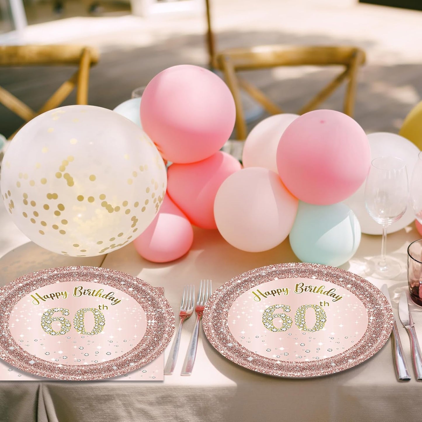 60th Birthday Decorations for Women, Rose Gold Sixty Year Old Party Supplies Include 20 Plates 20 Napkins, Pink 60 Aged Birthday Party Tableware