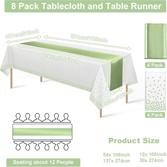 8Pack Plastic Tablecloths and Satin Table Runner Set Disposable White and Sage Green Dot Table Cloth Green Satin Table Runner for Wedding Birthday Baby Shower Anniversary Holiday Party Decorations