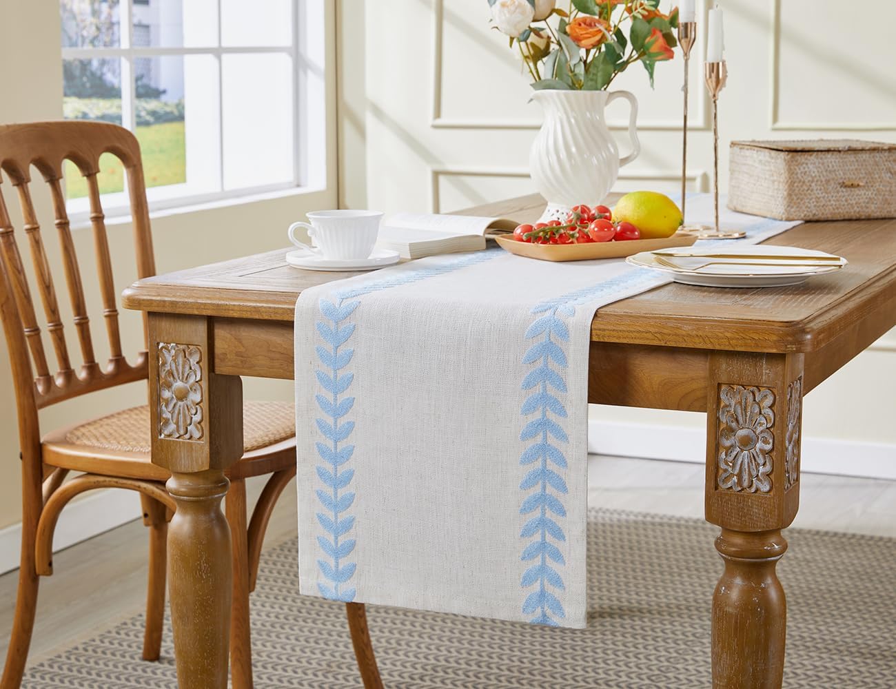 Wracra Embroidered Table Runner Irregular Willow Leaf Table Runners 60 Inches Long for Dresser Home Dining Table Decor,14 x 60 Inch, Blue