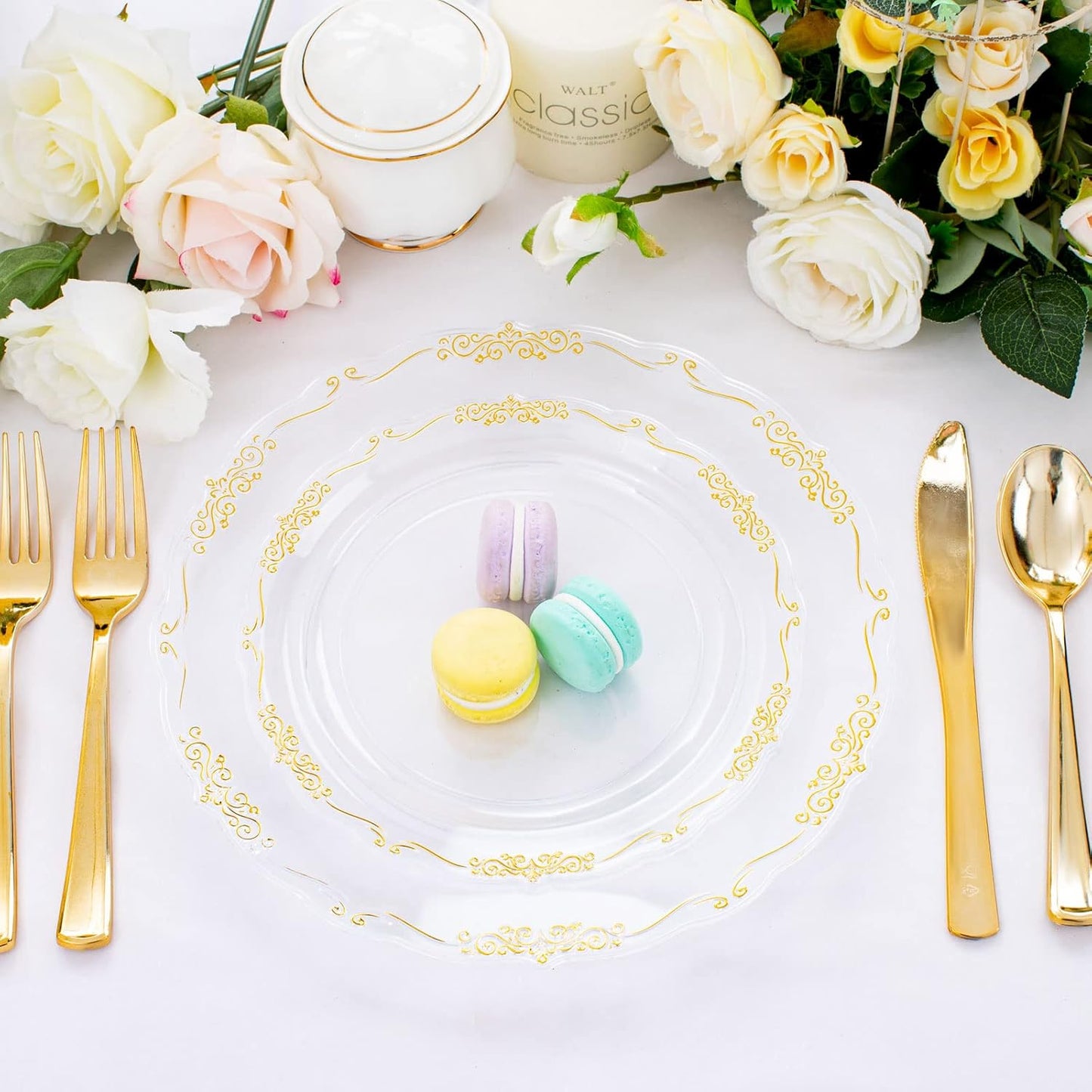 DaYammi 60PCS Clear Plastic Plates Heavy Duty Clear Disposable Plates 7.5” Fancy Gold Dessert Platos Small Cake Plates Appetizer Platos Hard Round Plastic Disposable for Wedding and Party